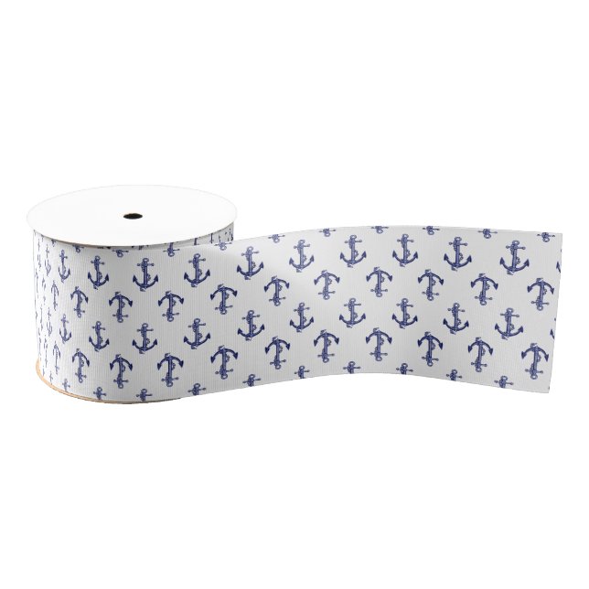 Blue and white anchor allover pattern grosgrain ribbon (Spool)