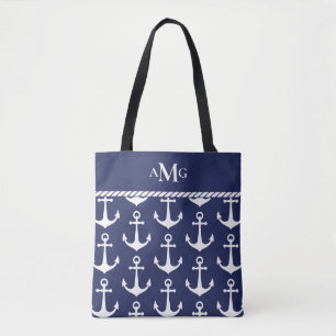 Blue and White Anchor Pattern Monogram Nautical Tote Bag
