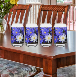 Blue and White Anemone Blooms Floral Can Glass