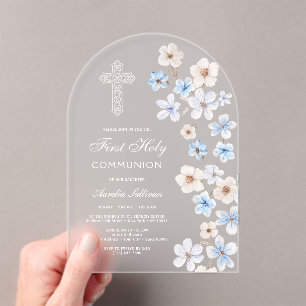 Blue and White Anemones Arch First Communion Acrylic Invitations