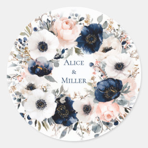 Blue and White Anemones Floral Wedding Classic Round Sticker