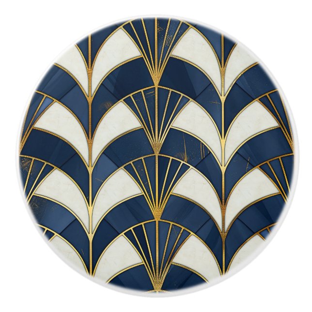 Blue and White Art Deco Pattern Ceramic Knob (Front)