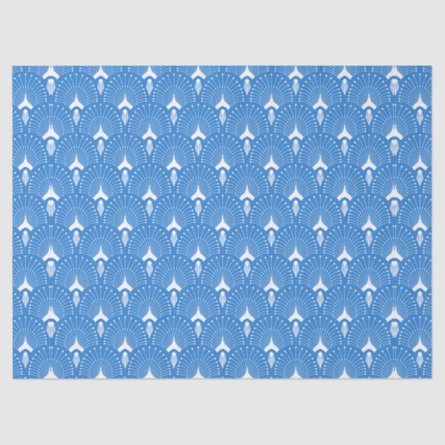 Blue and white art-deco pattern tissue paper (Front)