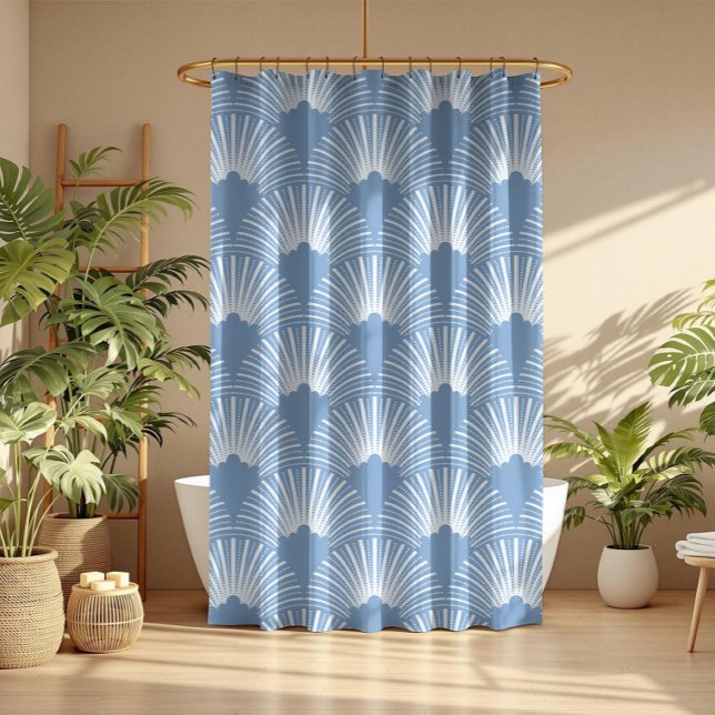  Blue and white art-deco seamless pattern  Shower Curtain (Creator Uploaded)