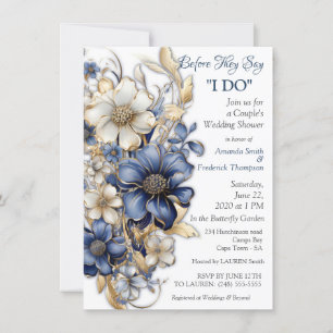 Blue and White Arty Gold Edge Flowers  Invitation