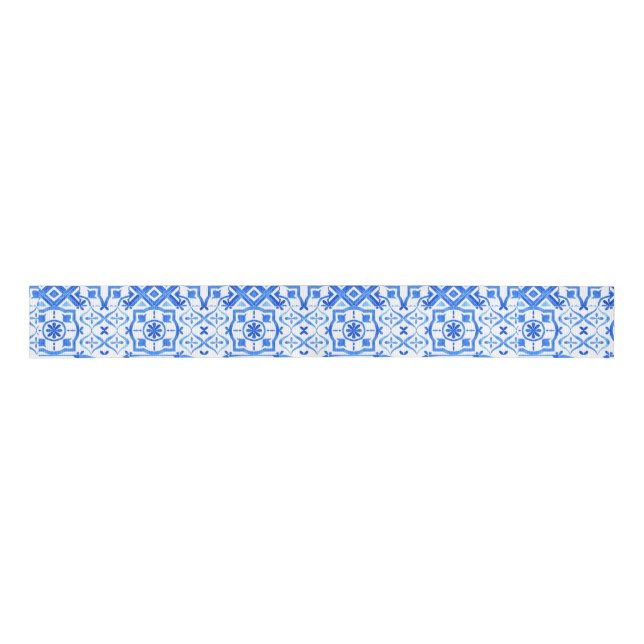 Blue and White Azulejo Spanish Azul Pattern  Grosgrain Ribbon (Front)