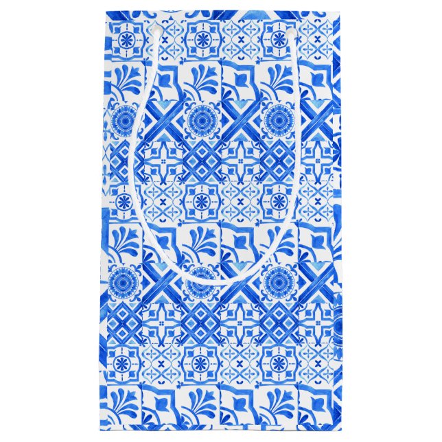 Blue and White Azulejo Spanish Azul Pattern  Small Gift Bag (Front)