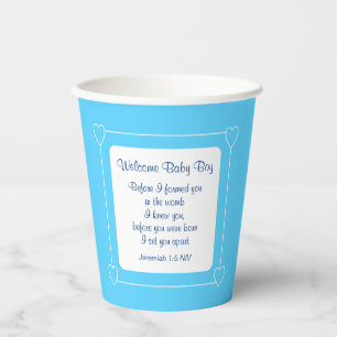 Blue and White Baby Boy Shower Party Bible Verse Paper Cups