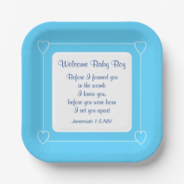Blue and White Baby Boy Shower Party Bible Verse Paper Plate (Front)