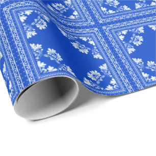 Blue and white bandanna design wrapping paper