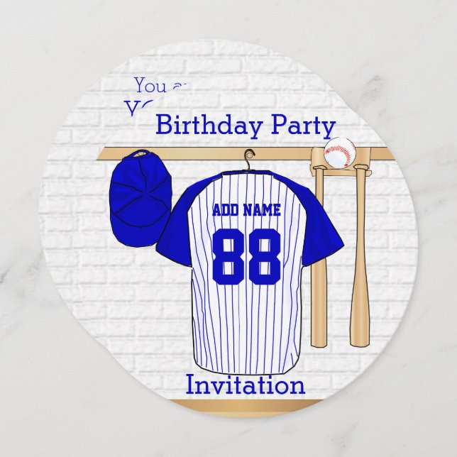Blue and White Baseball Jersey Birthday Party Invitation (Front/Back)