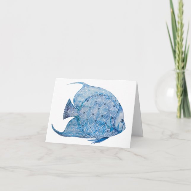Blue and White Batik Angelfish Blank Card (Front)