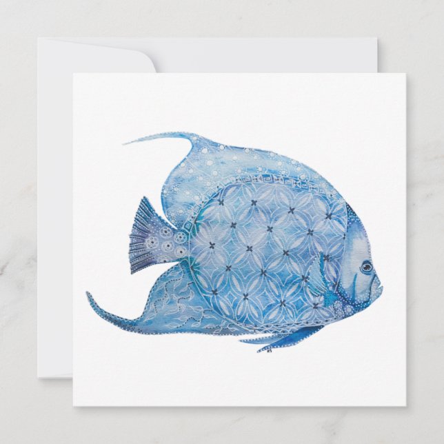 Blue and White Batik Angelfish Square Card (Front)