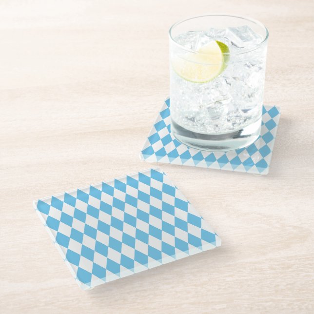 Blue and White Bavaria Rhombus Flag Pattern Glass Coaster (Angled)
