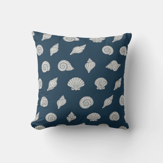 Blue and White Beach Coastal Shells Cushion (Front)