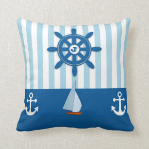 Blue and White Beach Nautical Monogram Cushion