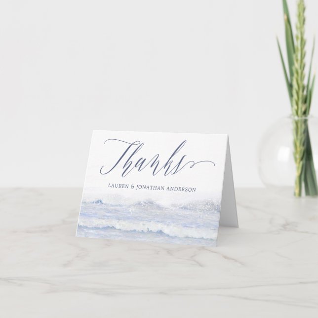Blue and White Beach Wedding Ocean Waves Thank You Card (Front)