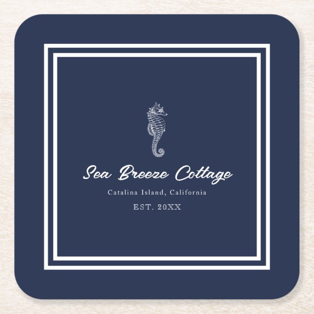 Blue and White Beachy Seahorse Square Paper Coaster (Front)