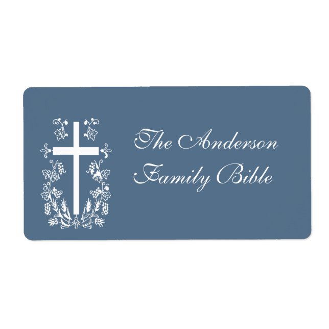 Blue and White Bible Cross Label (Front)