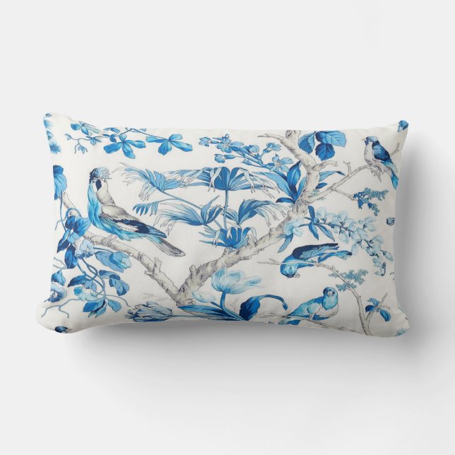 Blue and White Bird Oriental Chinoiserie  Lumbar Cushion (Front)