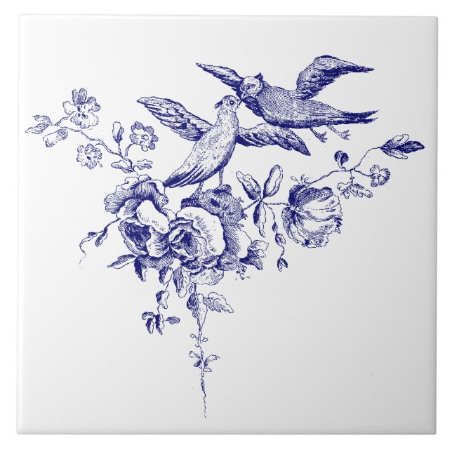 Blue and White Birds On Flowers Tile (Front)