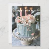 Blue and White Birthday Cake Pink Flowers Candles
