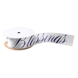 Blue and White Blessings Elegant Typography Satin Ribbon