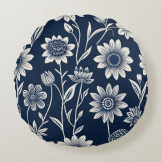 blue and white - Block print-style boho floral Round Cushion