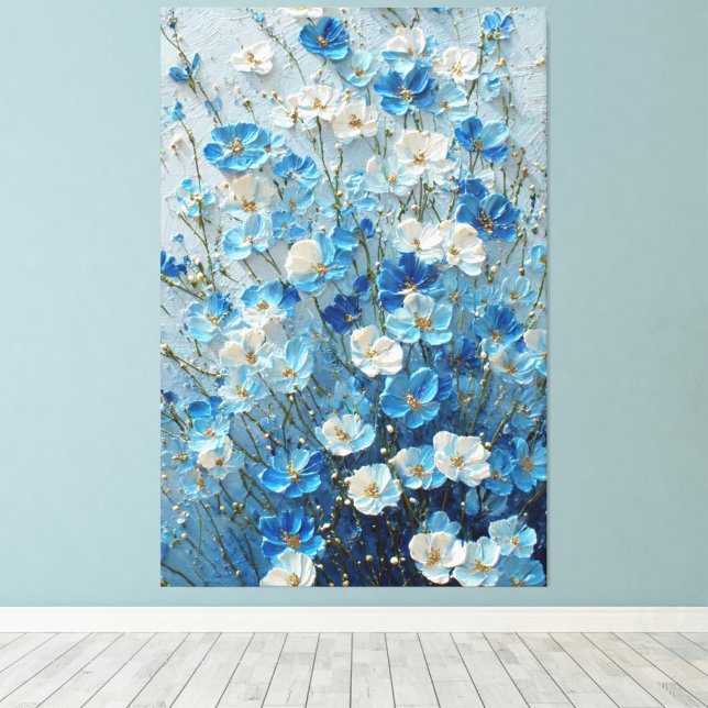 Blue and White Blossoms on Light Blue Abstract  Canvas Print (Insitu(Wood Floor))