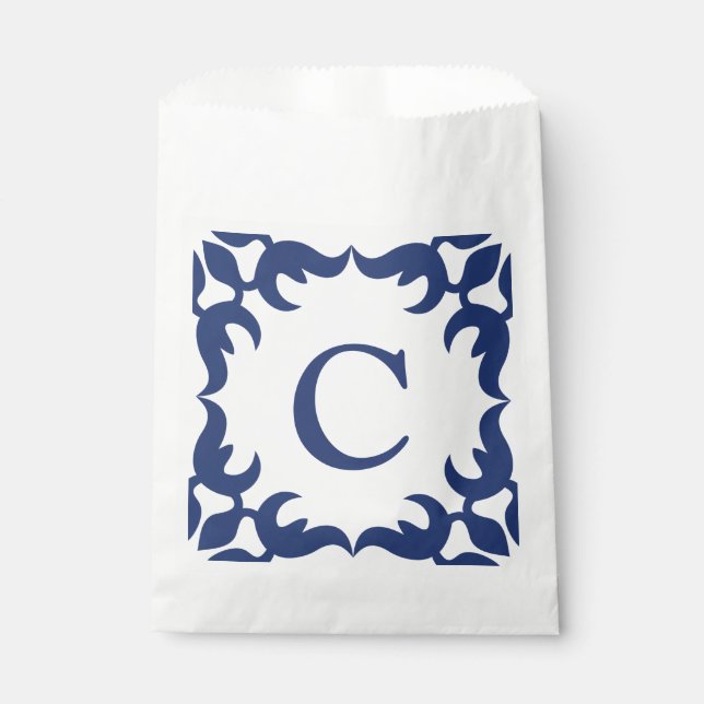 Blue and White Blue Scroll Frame Monogram Favour Bags (Front)