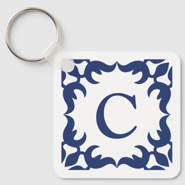 Blue and White Blue Scroll Frame Monogram Key Ring (Front)