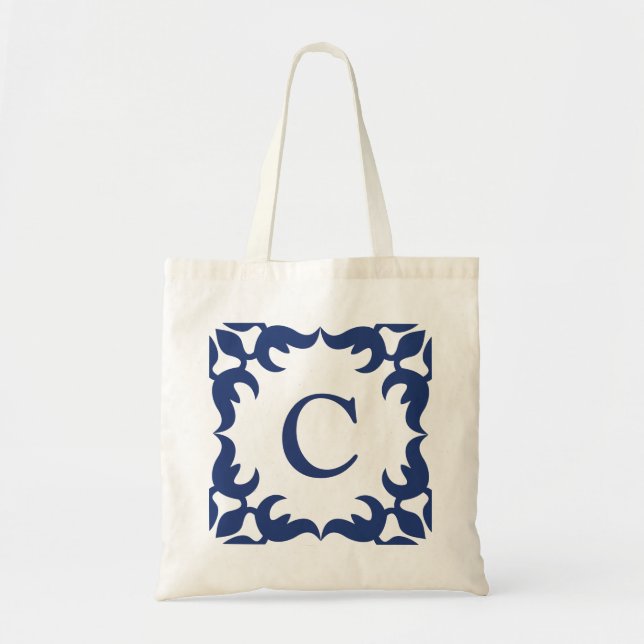 Blue and White Blue Scroll Frame Monogram Tote Bag (Front)
