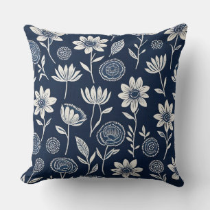 blue and white boho floral - Block print-style Cushion