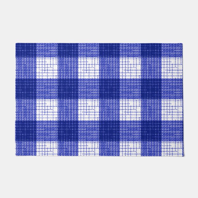 Blue and White Bold Checkered Plaid Design  Doormat (Front)