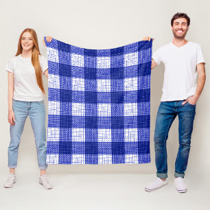 Blue and White Bold Checkered Plaid Design  Fleece Blanket
