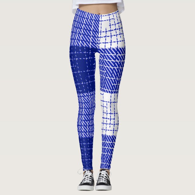 Blue and White Bold Checkered Plaid Design  Leggings (Front)