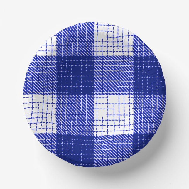 Blue and White Bold Checkered Plaid Design  Paper Plate (Front)