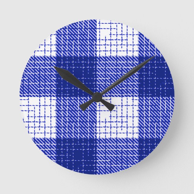 Blue and White Bold Checkered Plaid Design  Round Clock (Front)