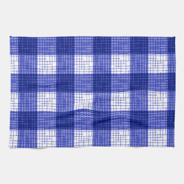 Blue and White Bold Checkered Plaid Design  Tea Towel (Horizontal)