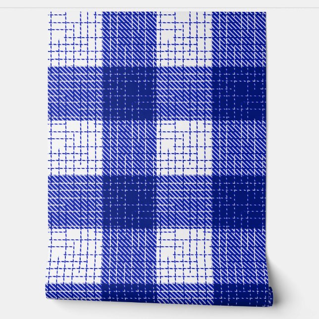 Blue and White Bold Checkered Plaid Design  Wallpaper (Unrolling)