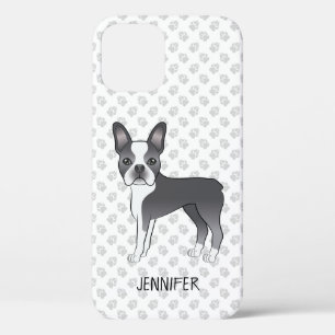 Blue And White Boston Terrier Cartoon Dog & Name iPhone 12 Case