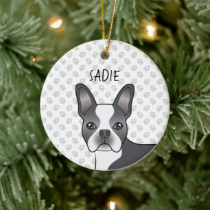 Blue And White Boston Terrier Cartoon Dog & Name Ceramic Tree Decoration