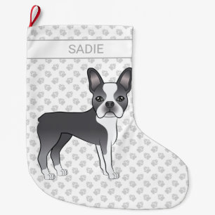 Blue And White Boston Terrier Cartoon Dog & Name Large Christmas Stocking