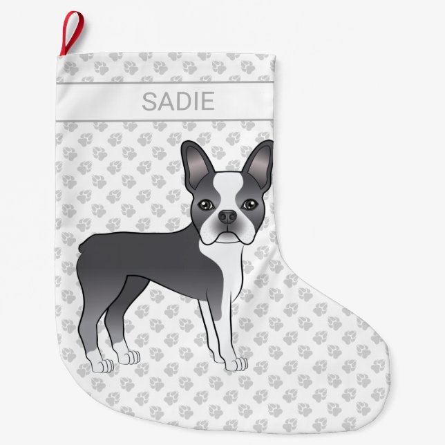 Blue And White Boston Terrier Cartoon Dog & Name Large Christmas Stocking (Front)