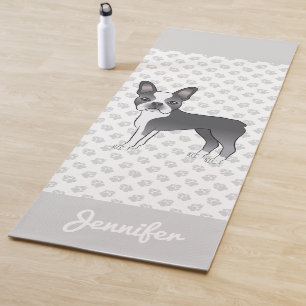 Blue And White Boston Terrier Cartoon Dog & Name Yoga Mat