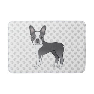 Blue And White Boston Terrier Cartoon Dog & Paws Bath Mat