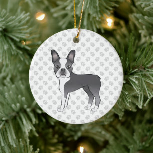 Blue And White Boston Terrier Cartoon Dog & Paws Ceramic Tree Decoration
