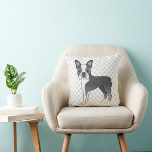 Blue And White Boston Terrier Cartoon Dog & Paws Cushion