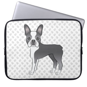 Blue And White Boston Terrier Cartoon Dog & Paws Laptop Sleeve