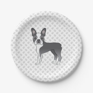 Blue And White Boston Terrier Cartoon Dog & Paws Paper Plate